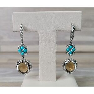 Atelier Caged Smoky Quartz & Turquoise Dangle Earrings Sterling Silver Nice 175